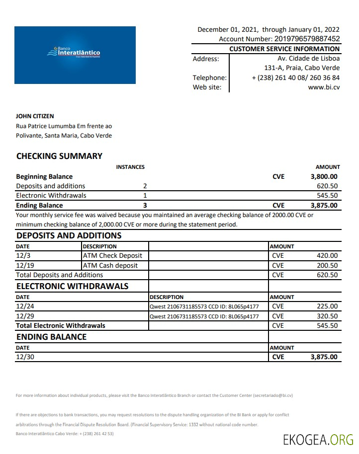 Relevé bancaire Cabo Verde Banco Inter Atlântico